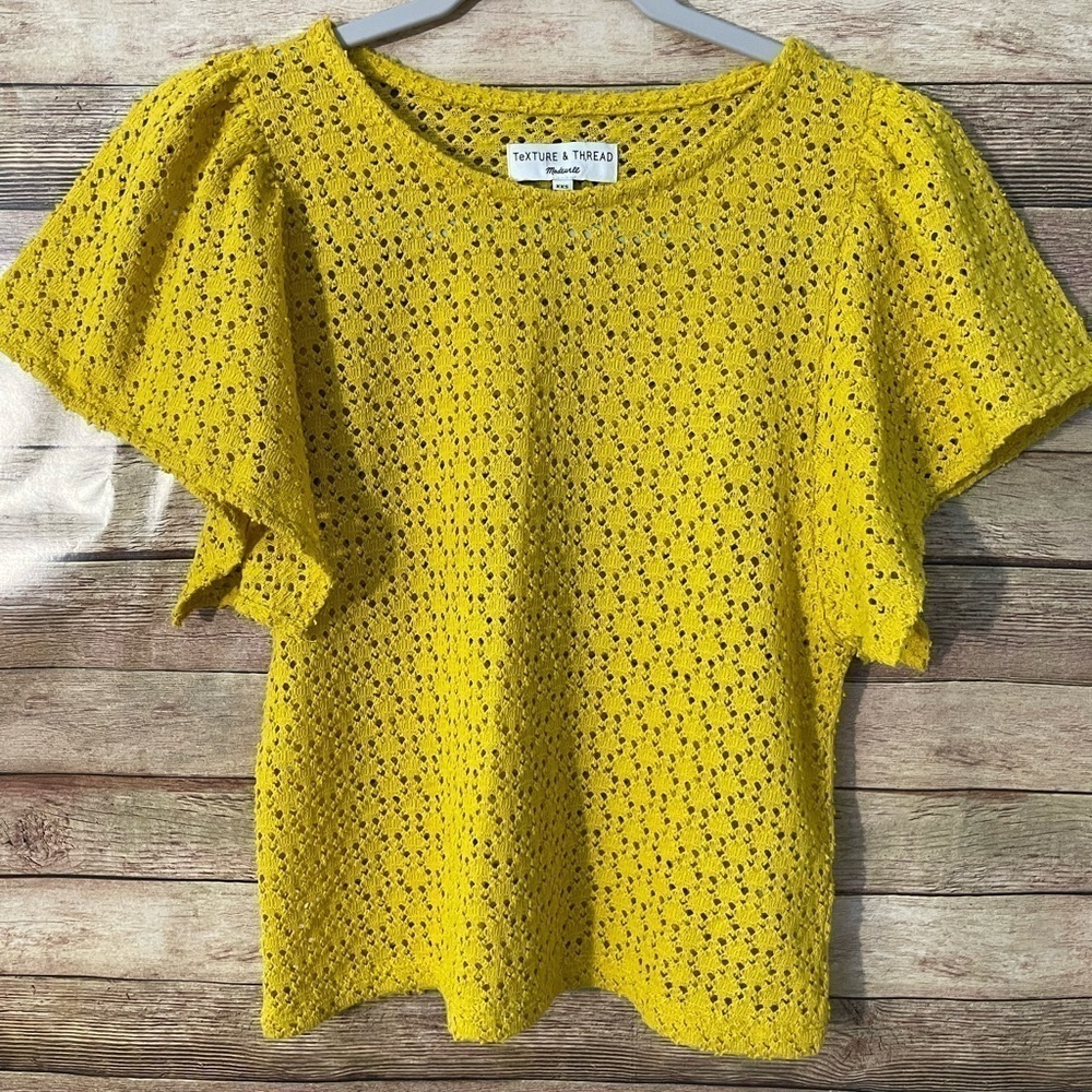 Madewell Texture & Thread Eyelet Flutter Sleeve Mustard Yellow Shirt Size: XXS